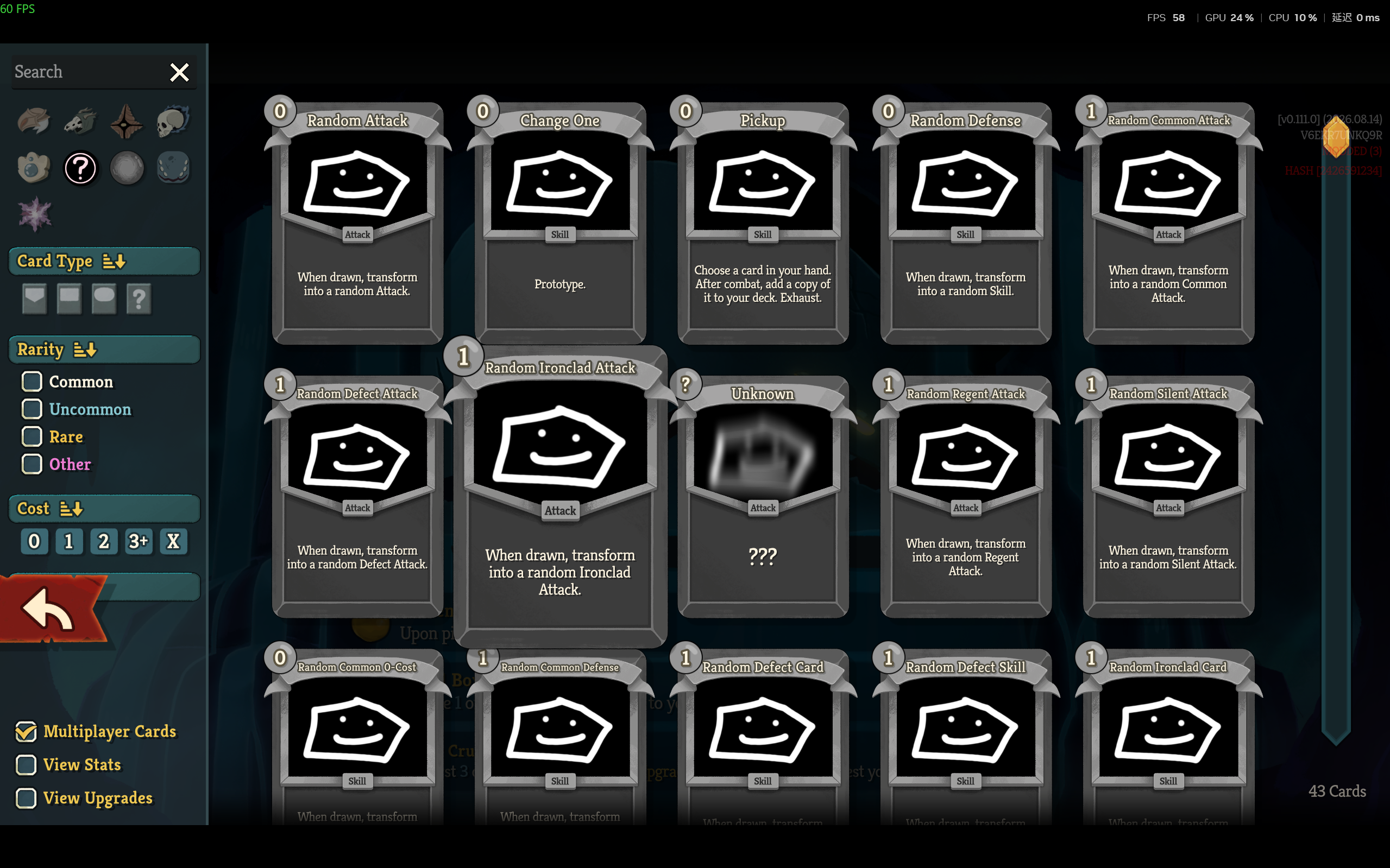In-game custom card collection with cards constrained by attack type, rarity and character