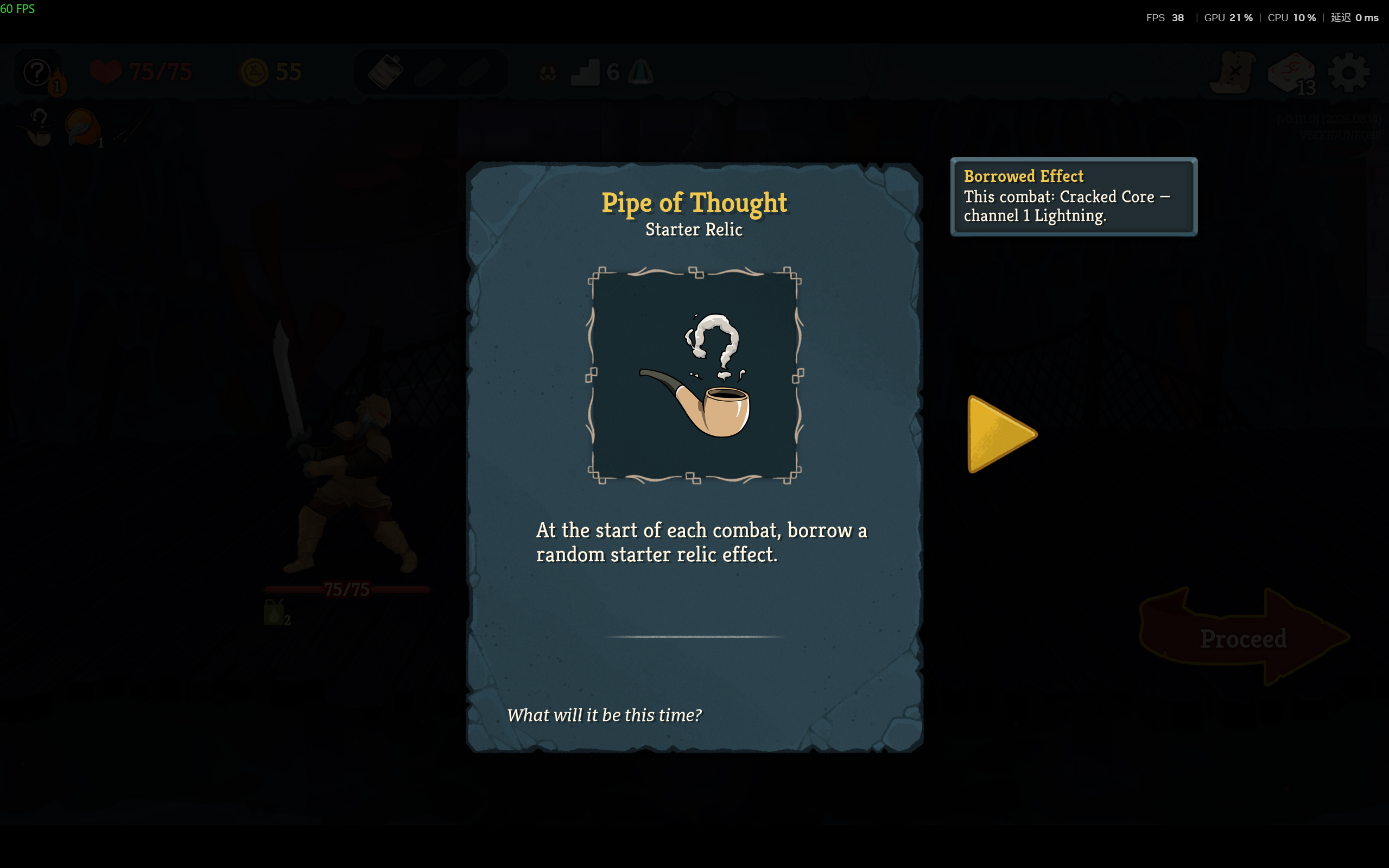Pipe of Thought starter relic tooltip and a borrowed Cracked Core effect for the current combat