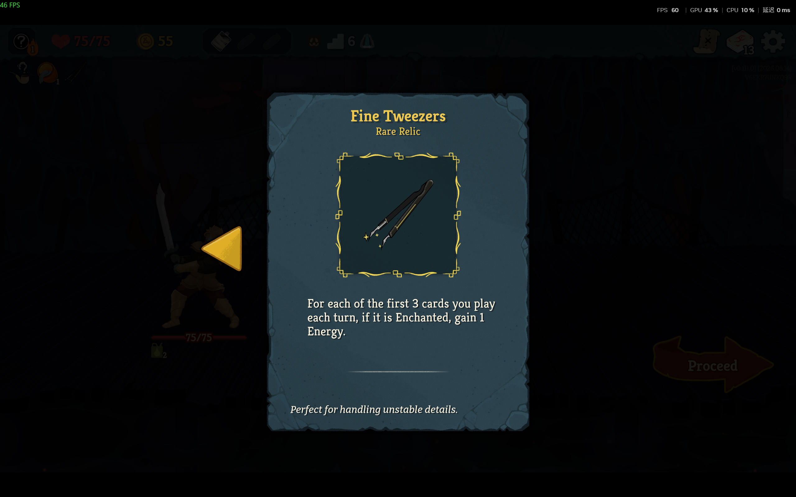 Fine Tweezers rare relic tooltip describing energy gain for enchanted cards